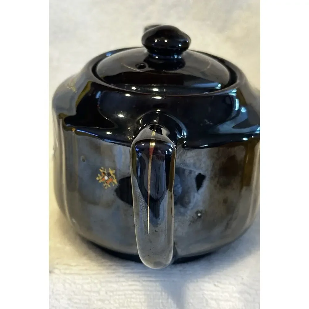 Vtg 1950's Redware Brown Betty Hand Painted Tea Pot 3.5